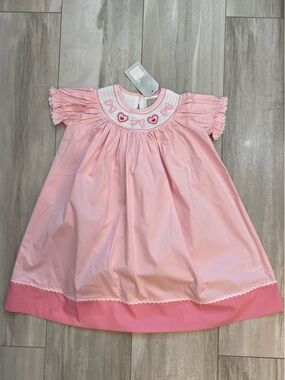 NWT Lil Cactus Pink Cotton Hearts & Bows Smocked Classic Bishop Dress girls 4T
